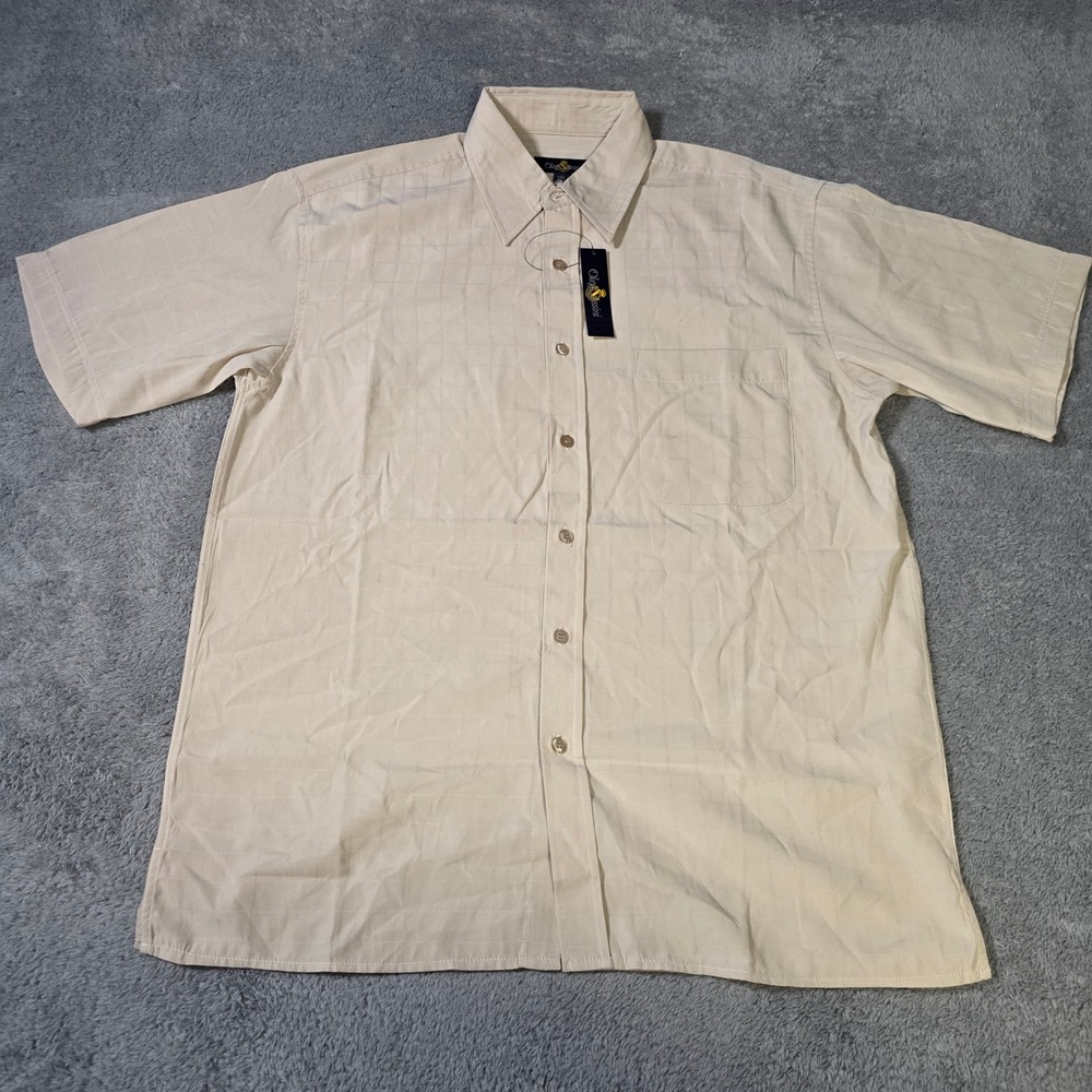 Oleg Cassini Mens L Button Up Shirt Stone Beige Windowpane Textured Short Sleeve
